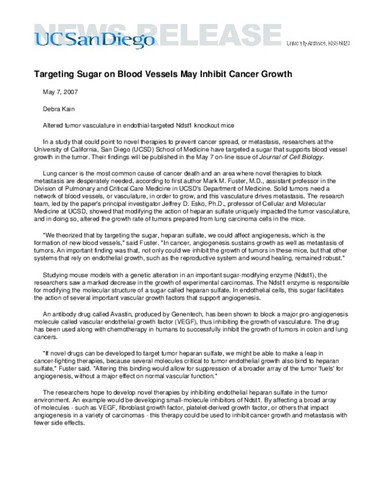 Targeting Sugar on Blood Vessels May Inhibit Cancer Growth
