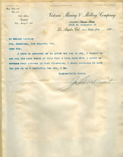 Letter from J. H. McNeil to Walter Lindley
