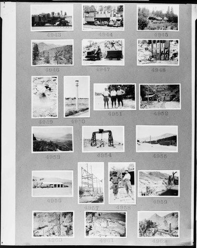 Multiple-image copy film negative with 20 images of Big Creek and Kern River construction: #02-04943 through #02-04962