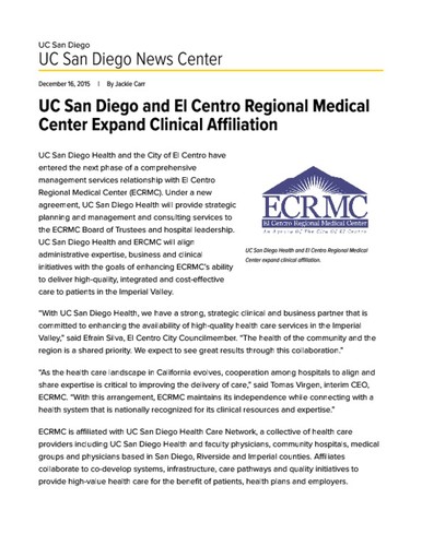 UC San Diego and El Centro Regional Medical Center Expand Clinical Affiliation
