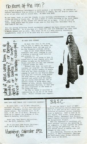 Berkeley Free Church & Switchboard Newsletter, December 1971