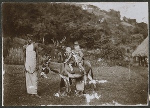 Children riding on a donkey, Tanzania, 1914