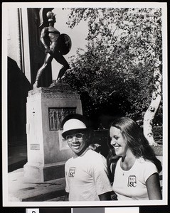 Freshmen John Butler and Elizabeth Nutt wearing Class of the Century T-shirts, USC, 1977