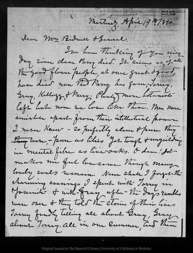 Letter from John Muir to [Annie Kennedy] Bidwell & General [John Bidwell], 1890 Apr 19