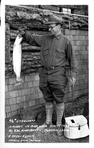 9 1/4 lb. Steelhead caught in June Lake Aug. 1st 1928 by E.W. Kingsbery - Boulder Lodge