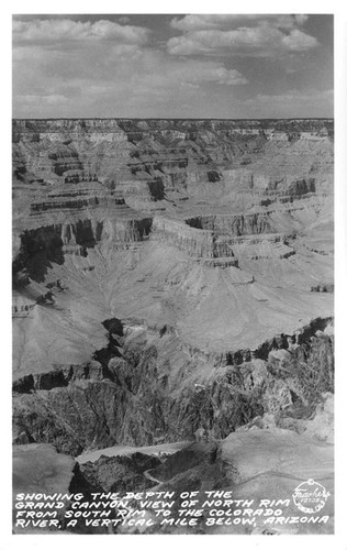 Showing the Depth of the Grand Canyon. View of the North Rim from South Rim to the Colorado River, A vertical Mile below, Arizona