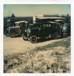 Vintage cars visit the Hallberg Apple Farm roadside stand, October, 1982
