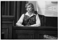 Aloha Wanderwell testifies at the witness stand, Los Angeles, 1933