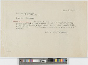 Hamlin Garland, letter, 1914-06-01, to Lucius J. Withers