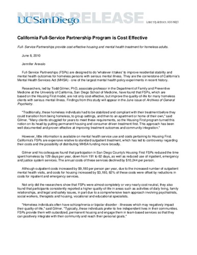 California Full-Service Partnership Program is Cost Effective--Full- Service Partnerships provide cost-effective housing and mental health treatment for homeless adults