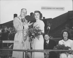 Mayor Lee Myers makes presentation to Egg Bowl queen Marlyn Coleman, Petaluma, California, Dec. 3,1951