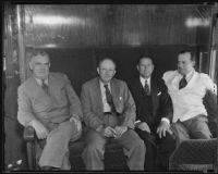 Senator Pat Harrison, George Allen, Holly Stover, and Matthew S. Sloan on Senator Harrison's rail tour, Los Angeles, 1935