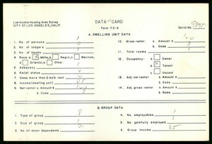 WPA Low income housing area survey data card 20, serial 9895