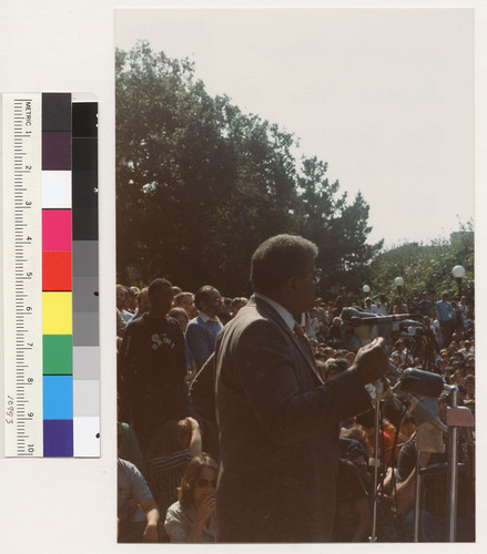 Berkeley mayor, Eugene "Gus" Newport, speaking at Free Speech Movement 20th anniversary rally in Sproul Plaza