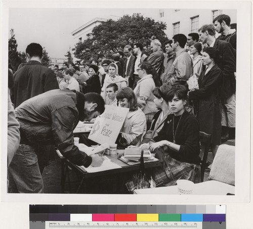 Rally at Sproul Hall, with "Campus Women for Peace" table in foreground