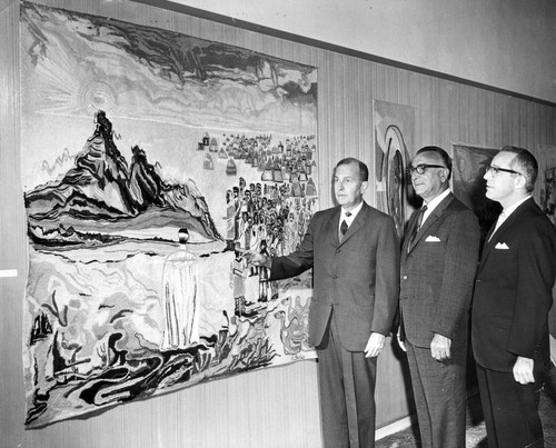 UCLA Chancellor Dr. Franklin Murphy, Julius Fliegelman and Dr. David Lieber at the University of Judaism Art Gallery