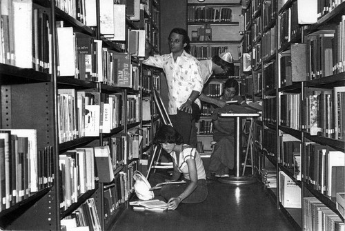 Students in the Library Stacks at Sunset Campus