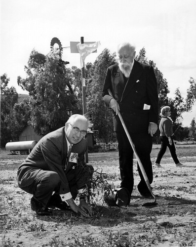 Rabbi Sonderling properly outfitted for a tree planting