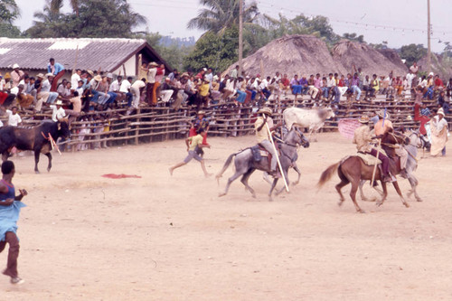 Picadors on horses during bullfight, San Basilio de Palenque, 1976