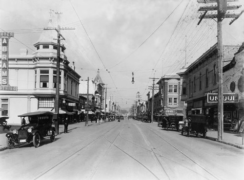 A view of shops and stores down Pacific Avenue