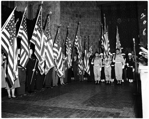 Flags at Saint Paul's Episcopal church commemorating United States war dead, 1958
