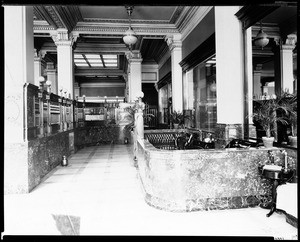 Interior view of the Securities First Savings Bank on the corner of Fourth Street and Spring Street in Los Angeles, 1909
