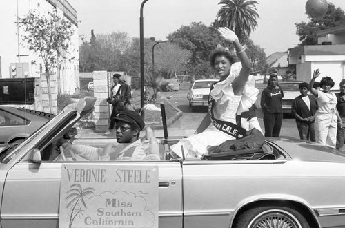 Miss Southern California riding in the South Central Easter Parade, Los Angeles, 1986