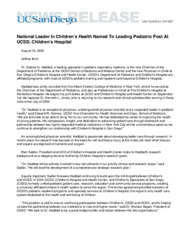 National Leader In Children’s Health Named To Leading Pediatric Post At UCSD, Children’s Hospital