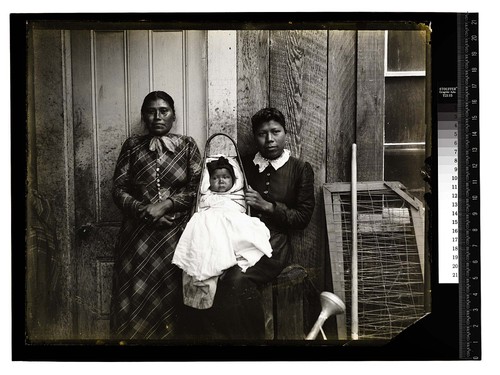 [Mad River Indians - 1905/unknown/Two women and a baby in a baby basket]