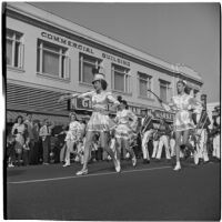Marching band led by baton twirlers participating in the post-war Labor Day parade, Los Angeles, 1946