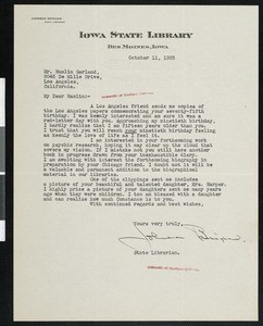 Johnson Brigham, letter, 1935-10-11, to Hamlin Garland