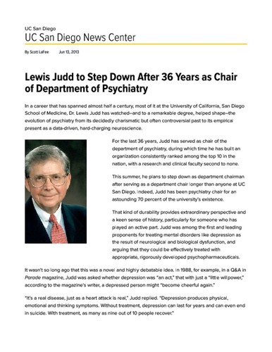 Lewis Judd to Step Down After 36 Years as Chair of Department of Psychiatry