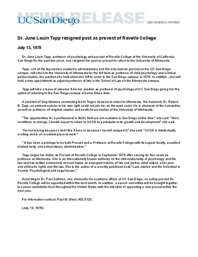 Dr. June Louin Tapp resigned post as provost of Revelle College