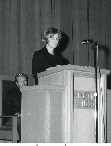 Ginny Pruitt speaking at Senior Chapel Day, 1965
