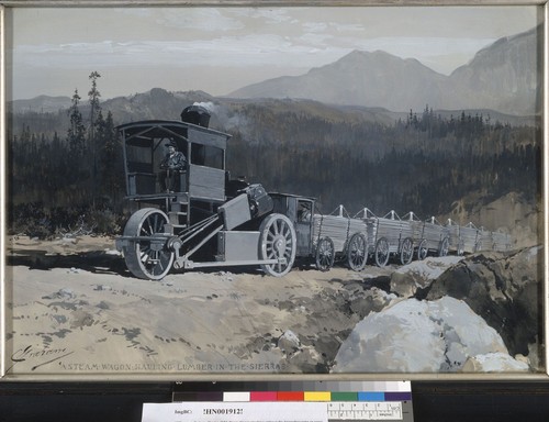 A steam wagon hauling lumber in the Sierras