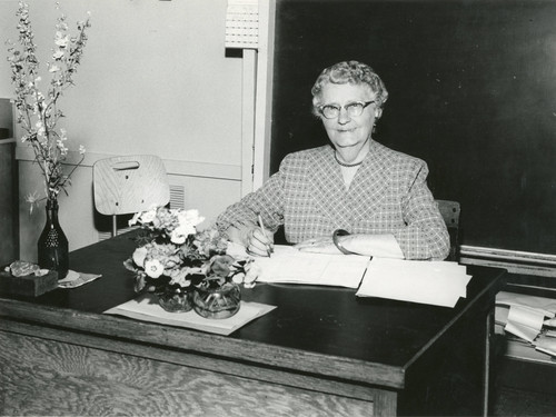 Banning, California educator Susan B. Coombs at her desk at Central Elementary School