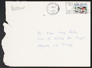 Holiday card from C.T. Hsia to Eileen Chang, 1988