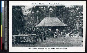 Villagers posing in front of small church, New Caledonia, ca.1900-1930