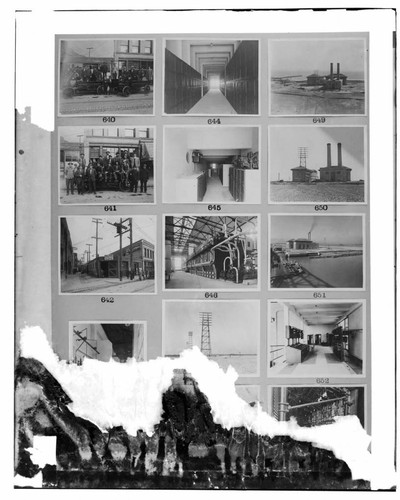 This is a multi-image negative that depicts Long Beach Steam Plant, and two electric crew group photos. Undamaged images included on the plate are copies of original negatives: 02 - 00640; 02