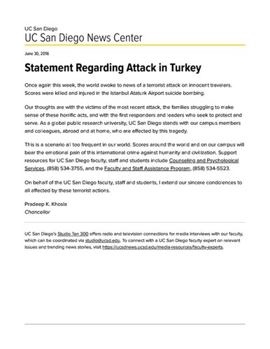 Statement Regarding Attack in Turkey