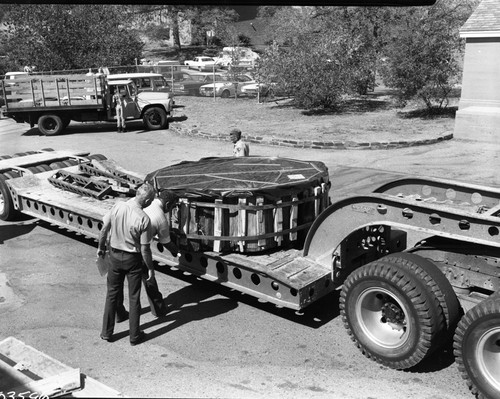 Giant Sequoia Sections, Loading stump for shipment to Iceland. Bill Stroh in photo