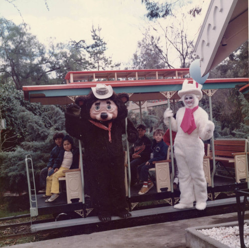 Theodore the bear and the Easter Bunny on the Frontier Village Railroad