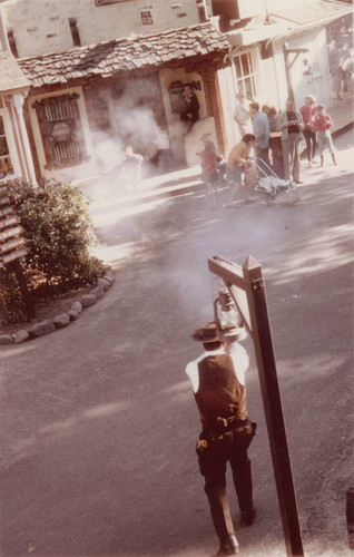 Marshall Clyde and outlaw performing hourly gunfight at Frontier Village