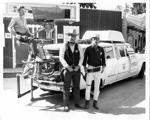 Marshal Clyde Adamson under KPIX 5 television camera at Frontier Village