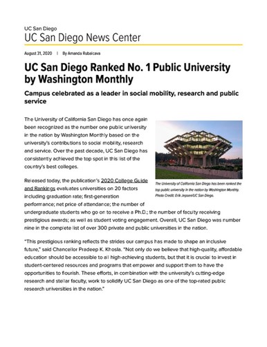 UC San Diego Ranked No. 1 Public University by Washington Monthly