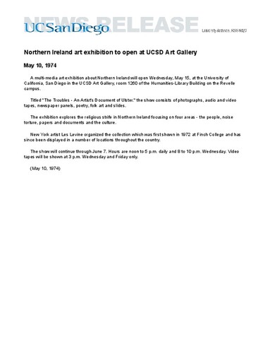Northern Ireland art exhibition to open at UCSD Art Gallery
