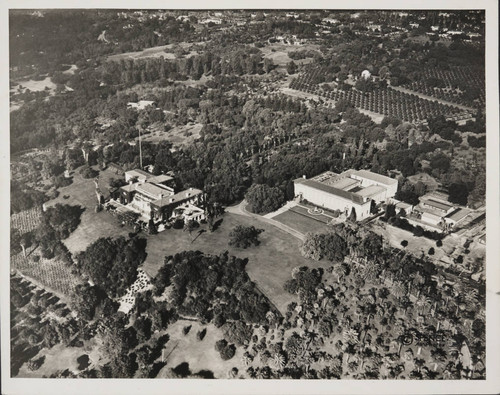 Aerial view of Huntington residence, library building, and grounds, circa 1935