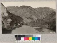 Harding reservoir. Orange County, from the dam showing chaparral slopes destroyed by fire, October, 1926. The rains of November, 1926, completely filled up the reservoir which previously had a capacity of 15 acre feet. Metcalf. November, 1927