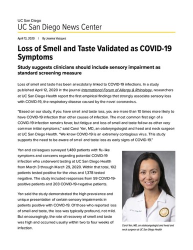 Loss of Smell and Taste Validated as COVID-19 Symptoms
