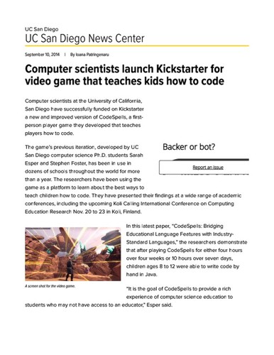 Computer scientists launch Kickstarter for video game that teaches kids how to code